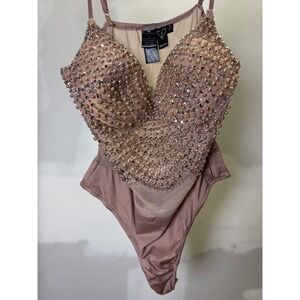 Windsor Mauve Pearl Sequin Embellished Mesh Bodysuit Womens Medium